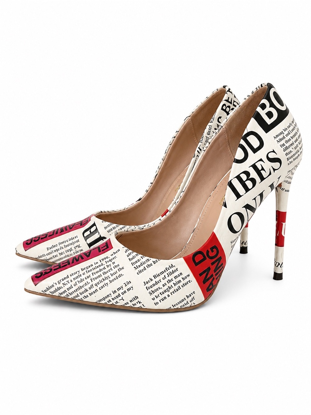 Steve Madden Newspaper Print Pointed Toe Stilettos with Red Accents